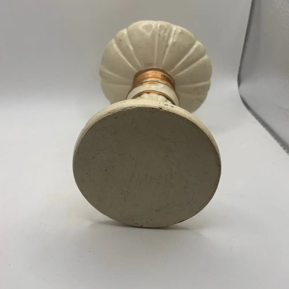 Cream and gold colored pillar candle pedestal French cottagecore VTG distressed